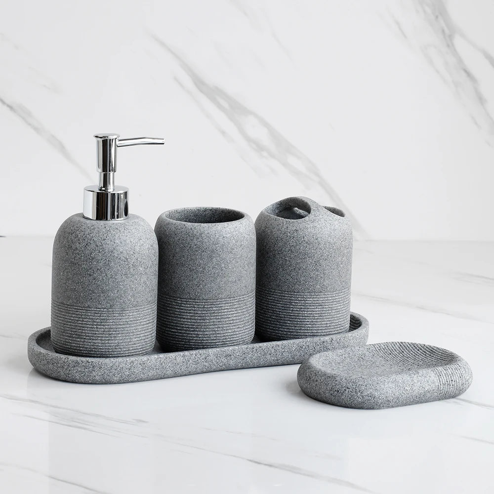 5Pcs Bathroom Accessories set Lotion Dispenser Toothbrush Holder Tray Tumbler Cup Soap Dish Beige and Grey