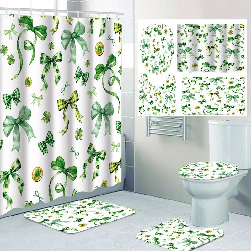 4-piece Green bow shower curtain set, toilet seat decoration, shower curtain with carpet and toilet lid, 12 70.8x70.8 inch