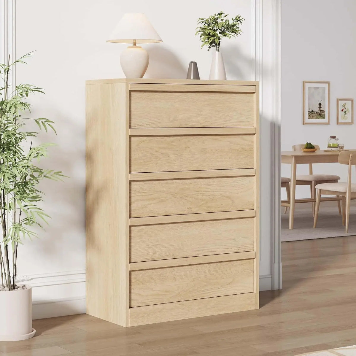 43.3" Tall 5-Drawer Chest Dresser – Freestanding Wooden Storage Cabinet with Drawers, Natural Oak, for Bedroom, Living Room, Hallway, Entryway