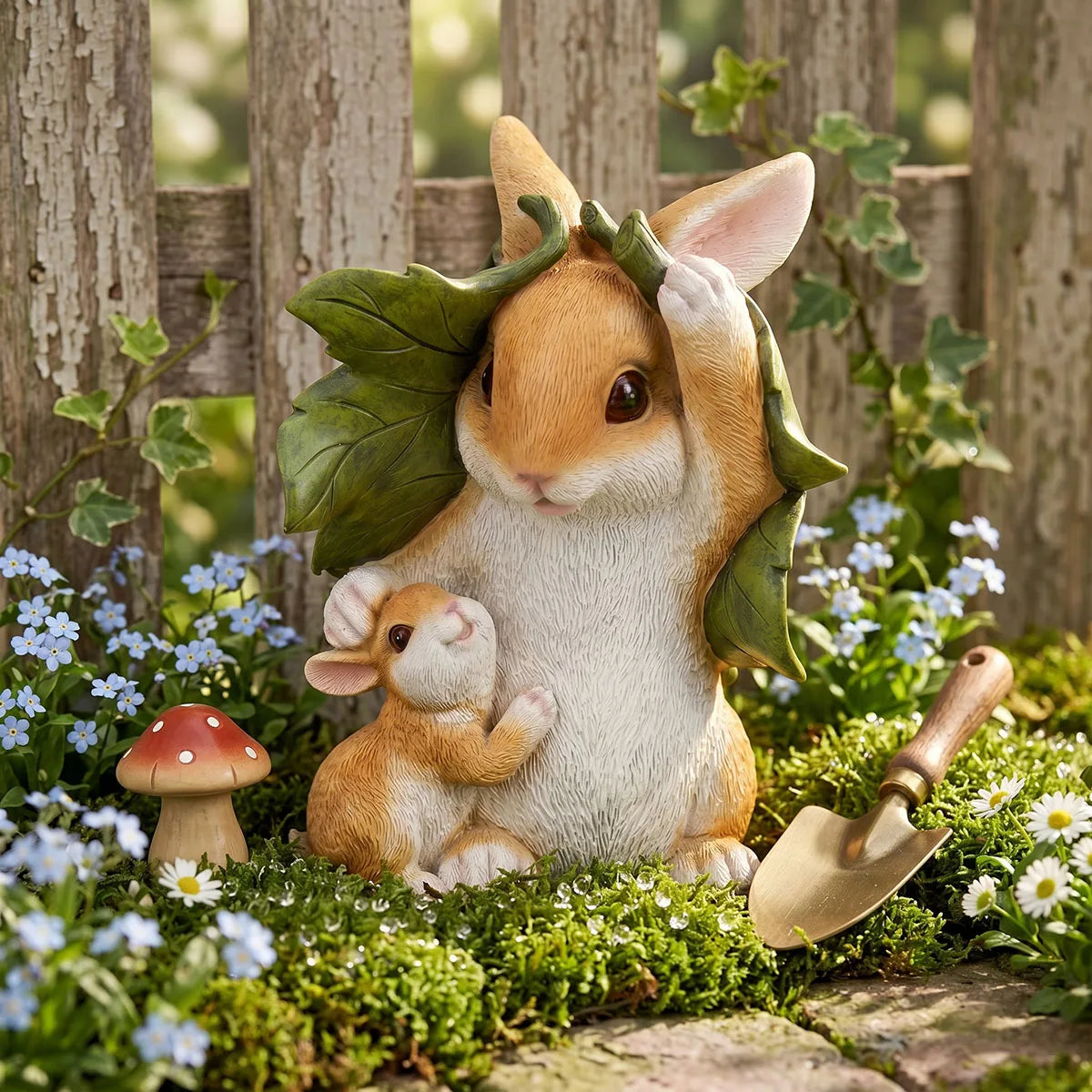 Cute Resin Bunny Rabbit Figurine, Mother & Baby Under Leaf Shelter, Garden Decor, Easter Spring Ornament, Home Accents