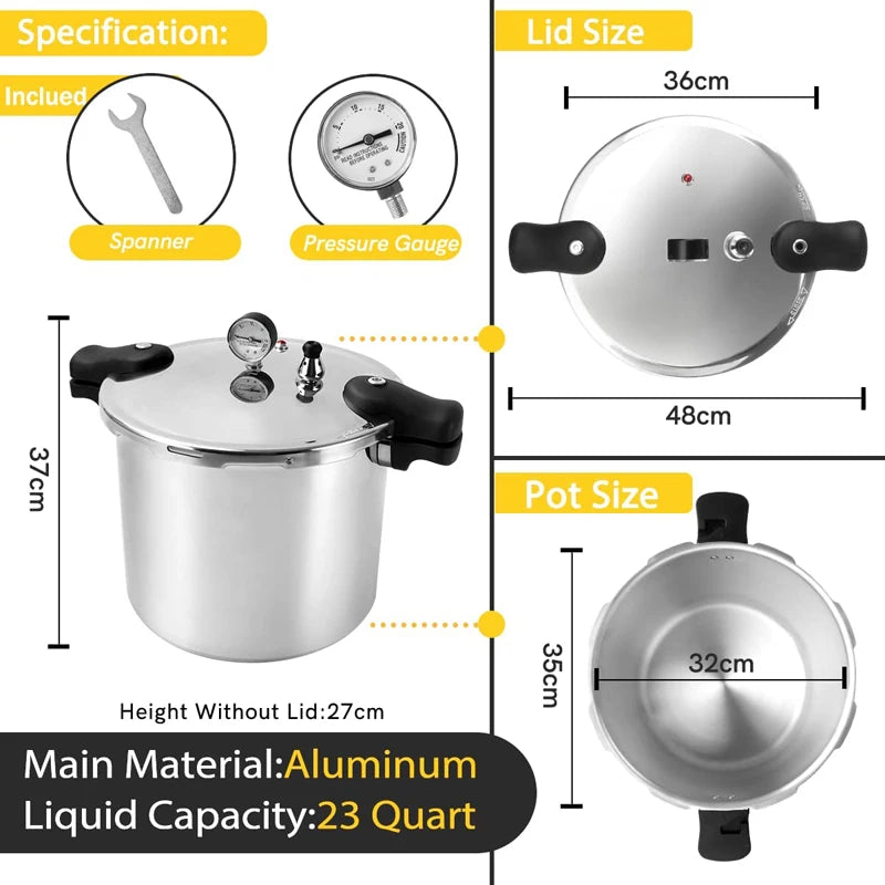 23QT Aluminum Pressure Cooker & Canner, 105KPa Induction Compatible Pressure Pot with Gauge, Thickened Heavy Duty Body