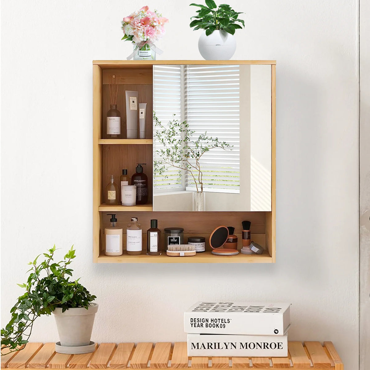 Wall Medicine Cabinet Natural Bamboo Bathroom Storage Cabinet with Mirror