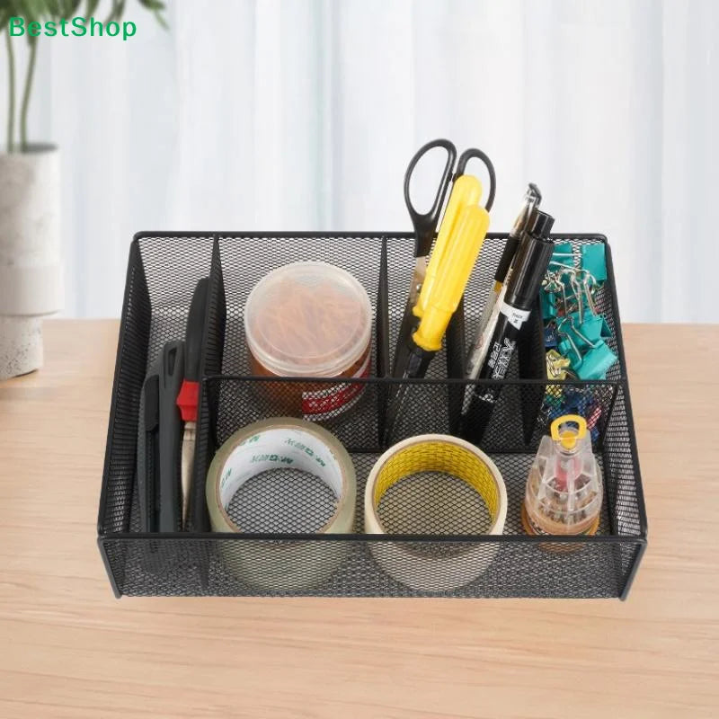 〔Y〕Black Metal Mesh Desk Organizer, Multi-Compartment Office Supply Caddy for Stationery Storage