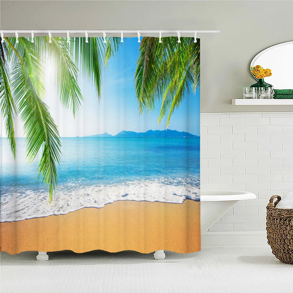 3d Beach Scenery Shower Curtains Sea Ocean Mediterranean Bathroom Curtain Waterproof Cloth Decoration 180*240cm Bath Curtain