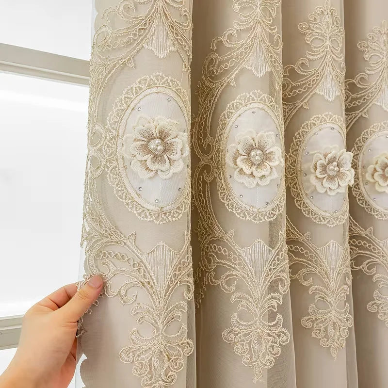 1pc Double Layer Curtain with Sheer Fabric,French Lace Embroidery,Modern Minimalist Design,Ideal for Living Room & Bedroom Decor