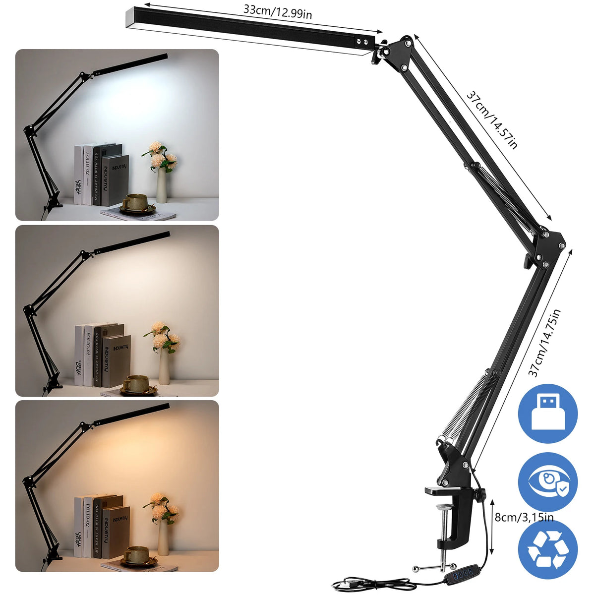33CM LED Desk Lamp Adjustable Foldable Double Swing Arm Light Eye-Caring For Dormitory Study Office Architect Task Lamp Dimmable