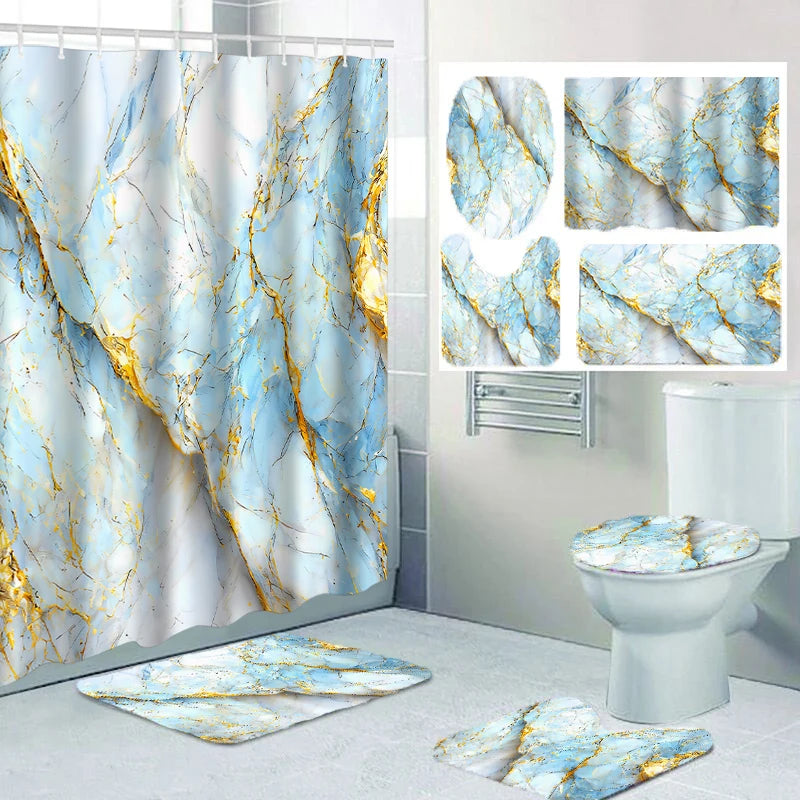 4-piece marble pattern shower curtain set, toilet seat decoration, shower curtain with carpet and toilet lid, 12 70.8x70.8 inch