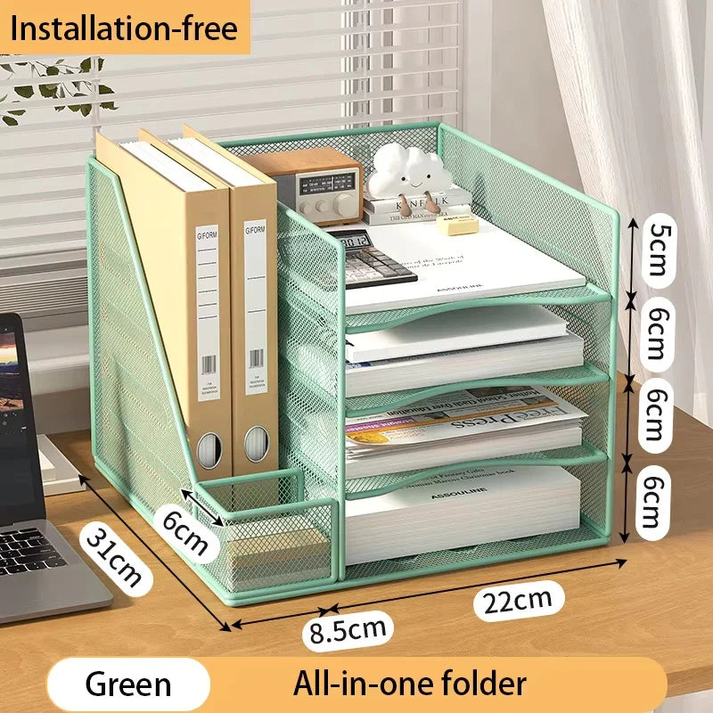 Desk Organizer with File Holder, Desk Organizers with 3 Tier Letter Trays and 2 Pen Holders, Mesh Desk Accessories & Workspace