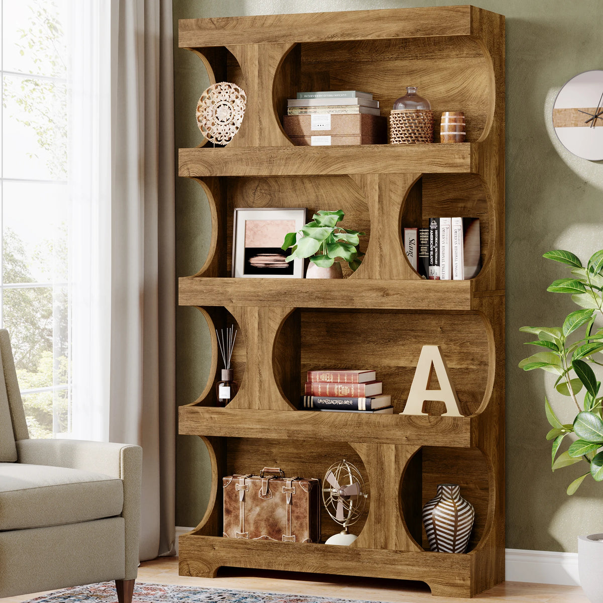 Tribesigns 71" Tall Bookcase, 4-Tier S-Shaped Bookshelf, Wood Decorative Storage Shelving, Modern Freestanding Display Shelves