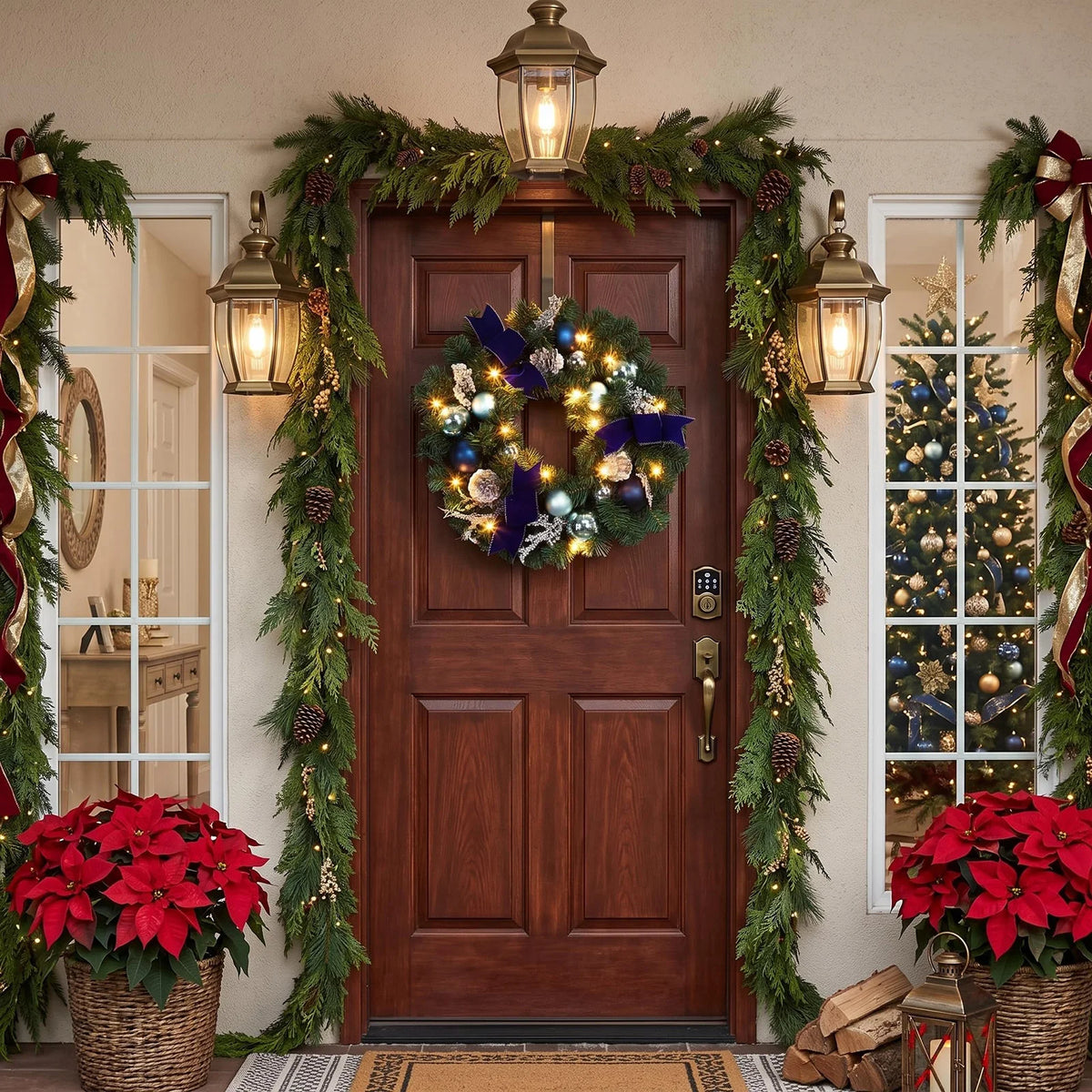 18 Inch Lighted Christmas Wreath For Front Door With 15 Warm Led Lights Blue Silver Ornaments Velvet Bows Winter Porch Wall Decor