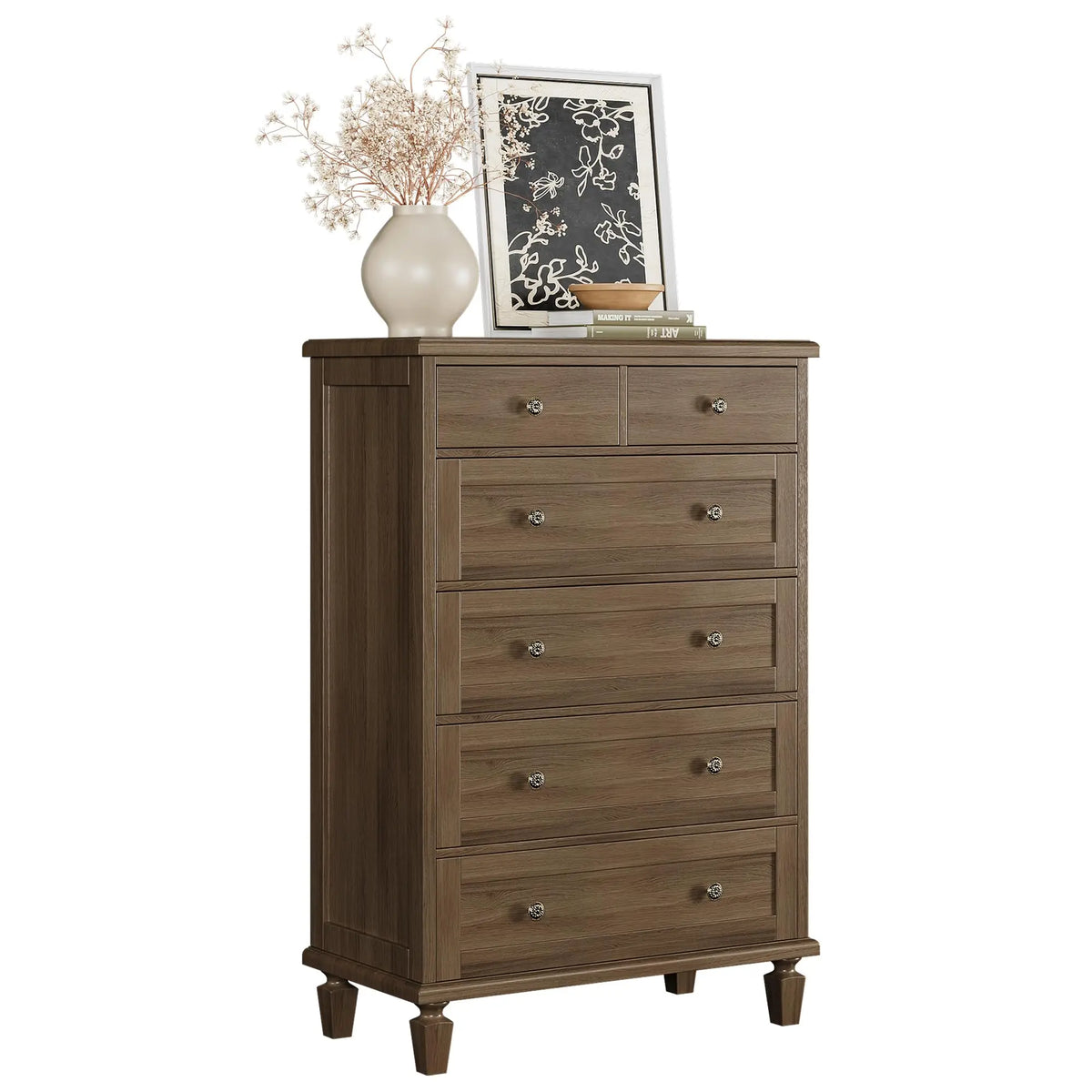 47 Inch 6 Drawer Dresser For Bedroom, Vintage White Chest Of Drawers With Carved Metal Handles, Tapered Legs & Large Storage