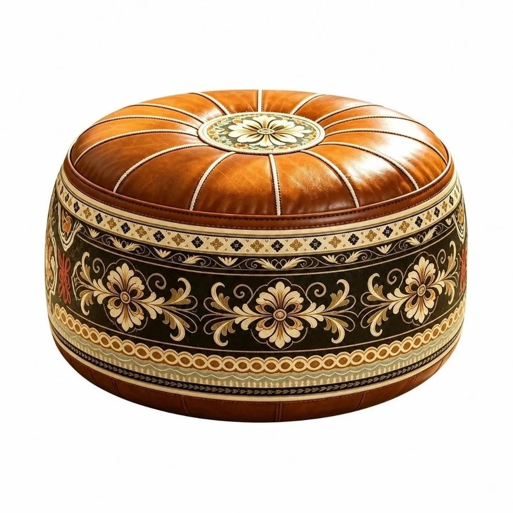 New PU Leather Fillable Ottoman Pouf Embroidered Pattern Moroccan Style Storage Ottoman Round Shape Floor Seat Cushion Home Use
