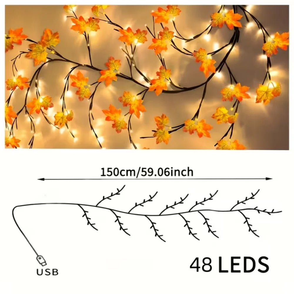 USB Maple Leaf Twig Branch Garland 48 LED Autumn String Lights Flexible Vine with 8 Lighting Modes for Indoor Thanksgiving Decor