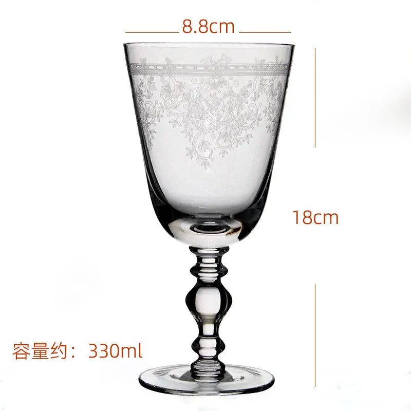 Vintage Etched Wine Goblet French Retro Crystal Stemware for Home Bar Unique Glass Gift