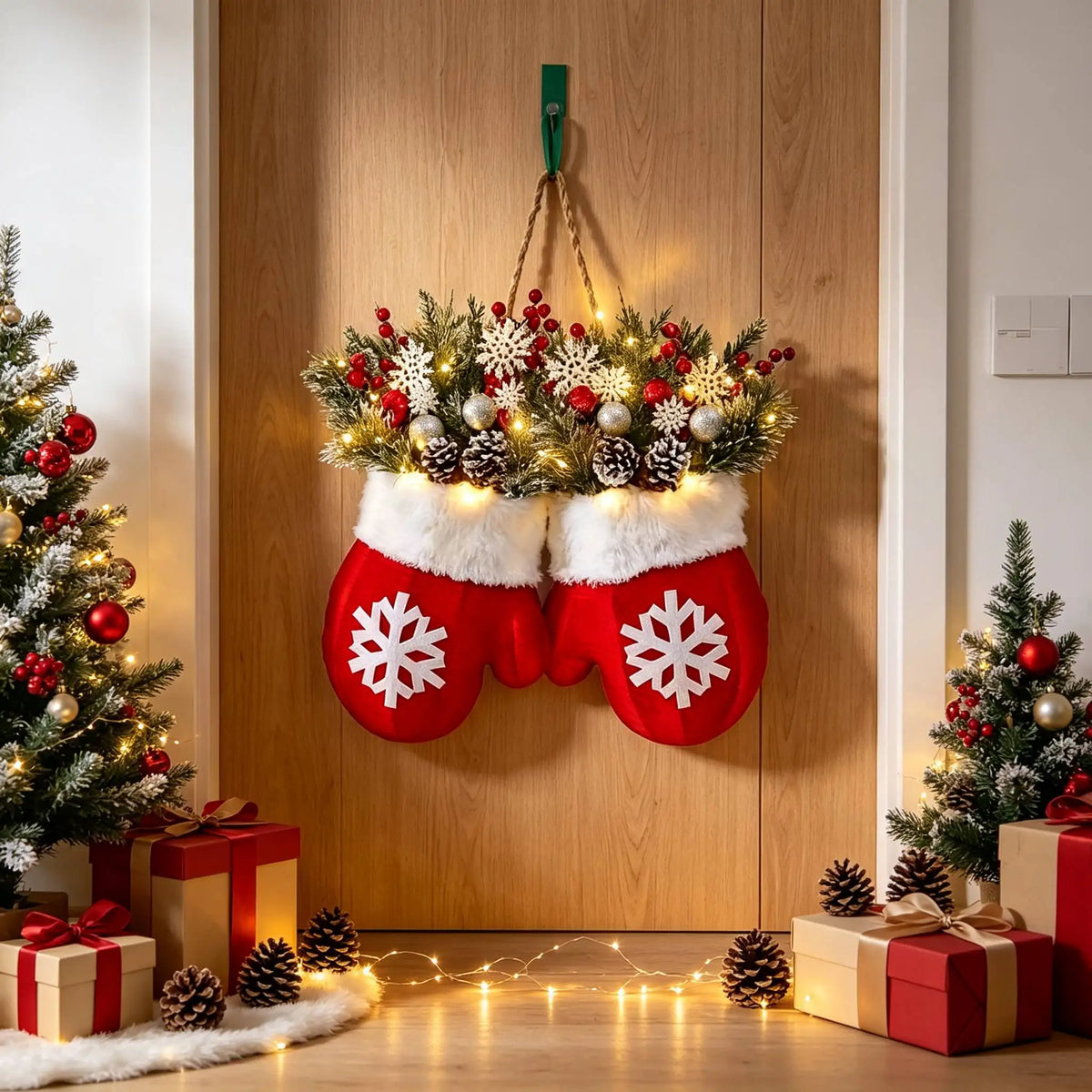 LED Twinkling Christmas Wreath with Twinkling & Artificial Pine Garland - Suitable for Front Door, Wall Decor, / Holiday Decoration - Plastic Mitten Wreath with Red Berries and Pine Branches