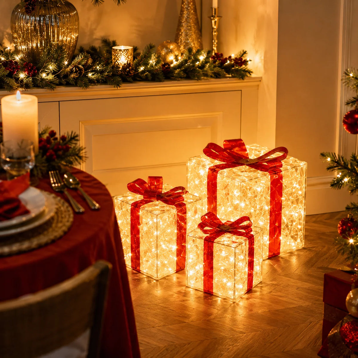 Christmas Lights Gift Box LED Lighted Presents USB Powered 3PCS Set Warm White 8 Modes for Tree Home Holiday Decor