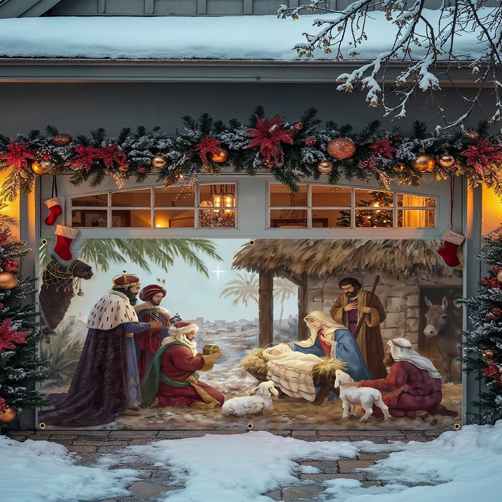 2D flat Christmas garage door banner, polyester, Jesus manger, Jesus' birth, suitable for winter festival decoration