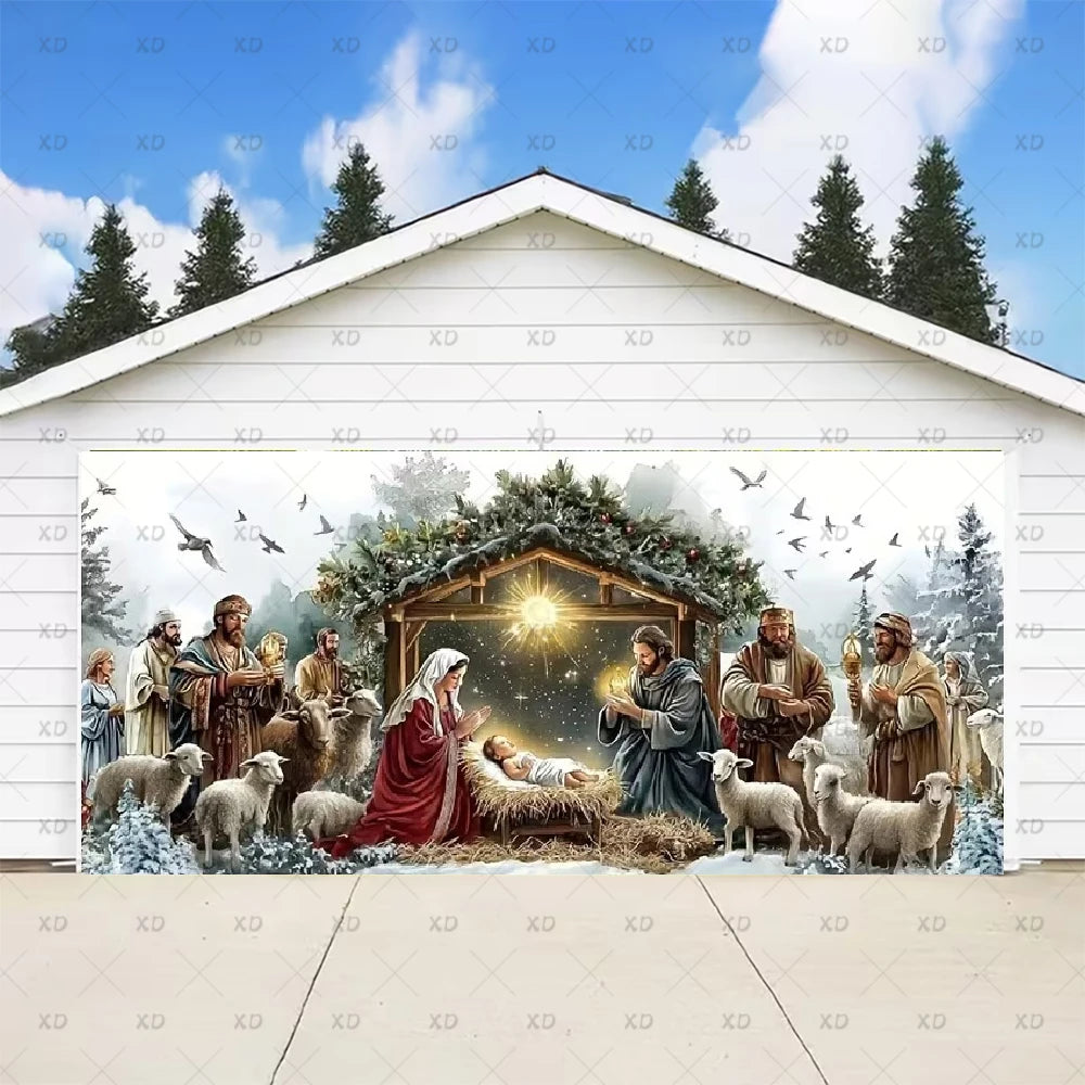 Christmas Large Garage Door Cover Backdrop Xmas Party Decoration Background Winter Yard New Year Party Wall Decor Banner Props