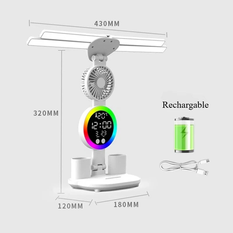 Rechargeable Table Lamp for Study, Desk Lamp Reading Light Led Table Light with Fan, Led Clock Dispaly Reading Lamp