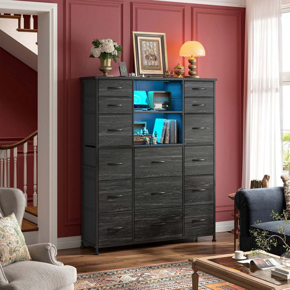 EnHomee 51" Tall Storage Organizer – 15 Fabric Drawers, Charging Station & LED, Hutch & Wood Top – Versatile Dresser for Bedroom, Living Room, or Multi-Room
