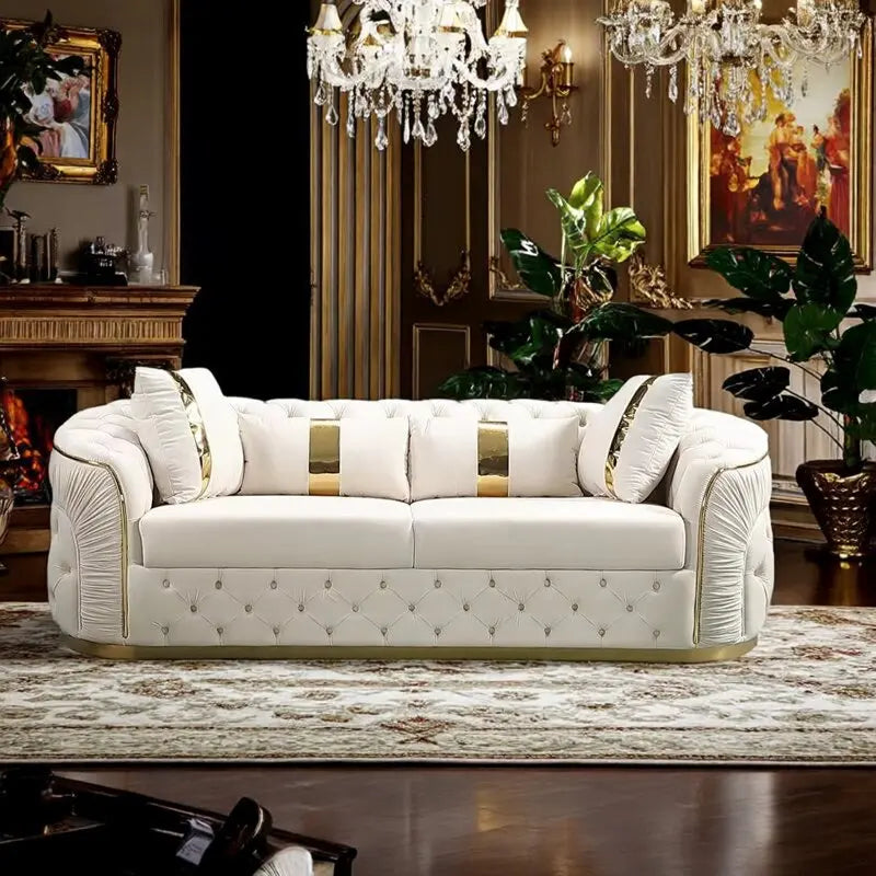 Luxury Chesterfield Sectional Sofa Set with Cloth Buttons and Fabric Modular Couch with Gold Stainless Steel Base, 3-seater Sofa