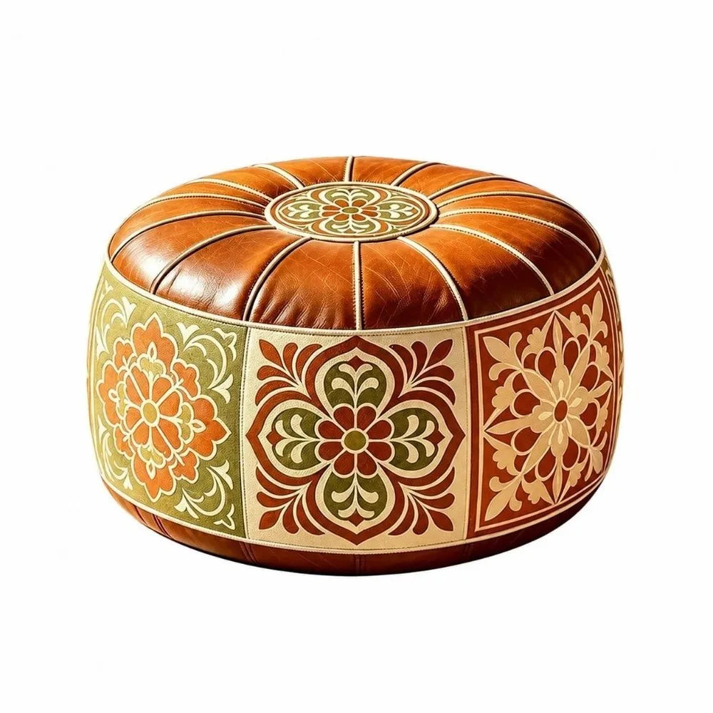 New PU Leather Fillable Ottoman Pouf Embroidered Pattern Moroccan Style Storage Ottoman Round Shape Floor Seat Cushion Home Use