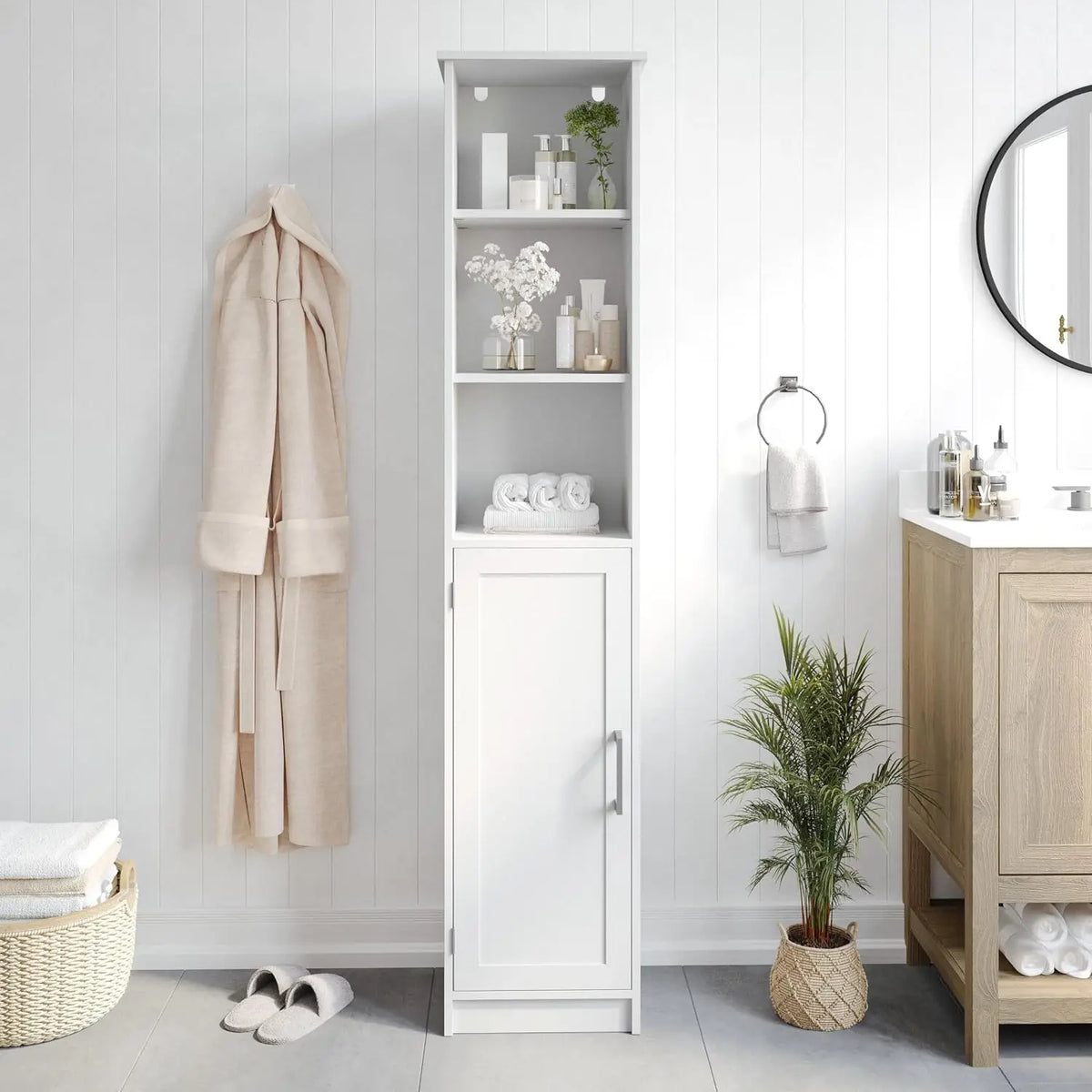 Freestanding Bathroom Linen Tower Storage Cabinet with Adjustable Shelves & Doors, Gray, Customized