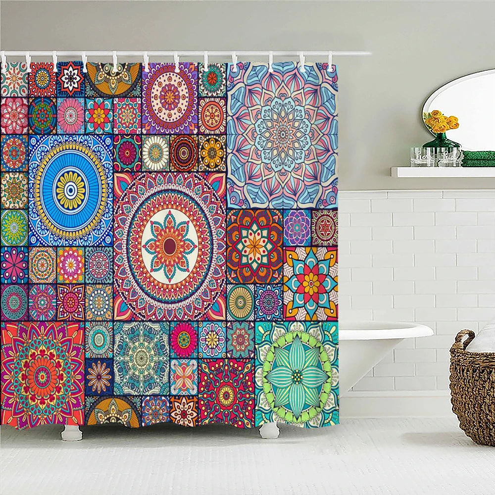 Bohemian Beach Fabric Shower Curtain Bathroom Curtains Indian Mandala Flower Waterproof Fabric Bath Screen with 12 Hooks