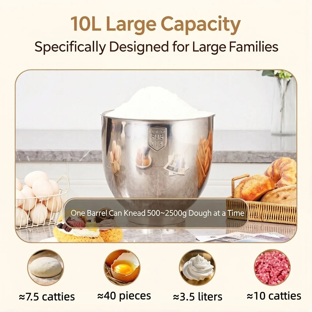 SUNATUR 10L Stand Mixer 2200W All-Metal Gear, Stainless Steel Bowl, 6 Speed Dough Kneader, Optional Fermentation Function