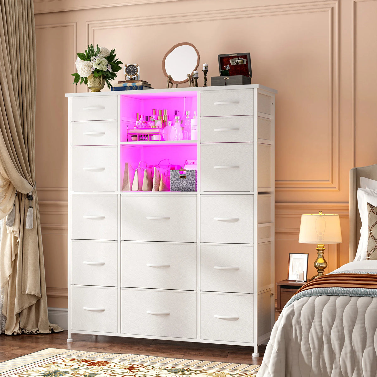EnHomee 51" Tall Storage Organizer – 15 Fabric Drawers, Charging Station & LED, Hutch & Wood Top – Versatile Dresser for Bedroom, Living Room, or Multi-Room