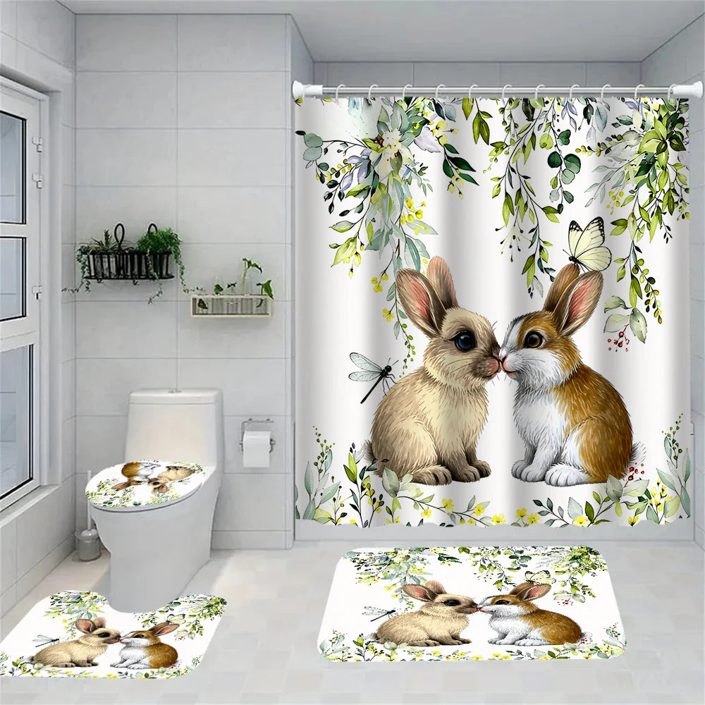 4/1 Easter Bunny shower curtain set, toilet seat decoration, shower curtain with carpet and toilet lid, size 70.8x70.8 in