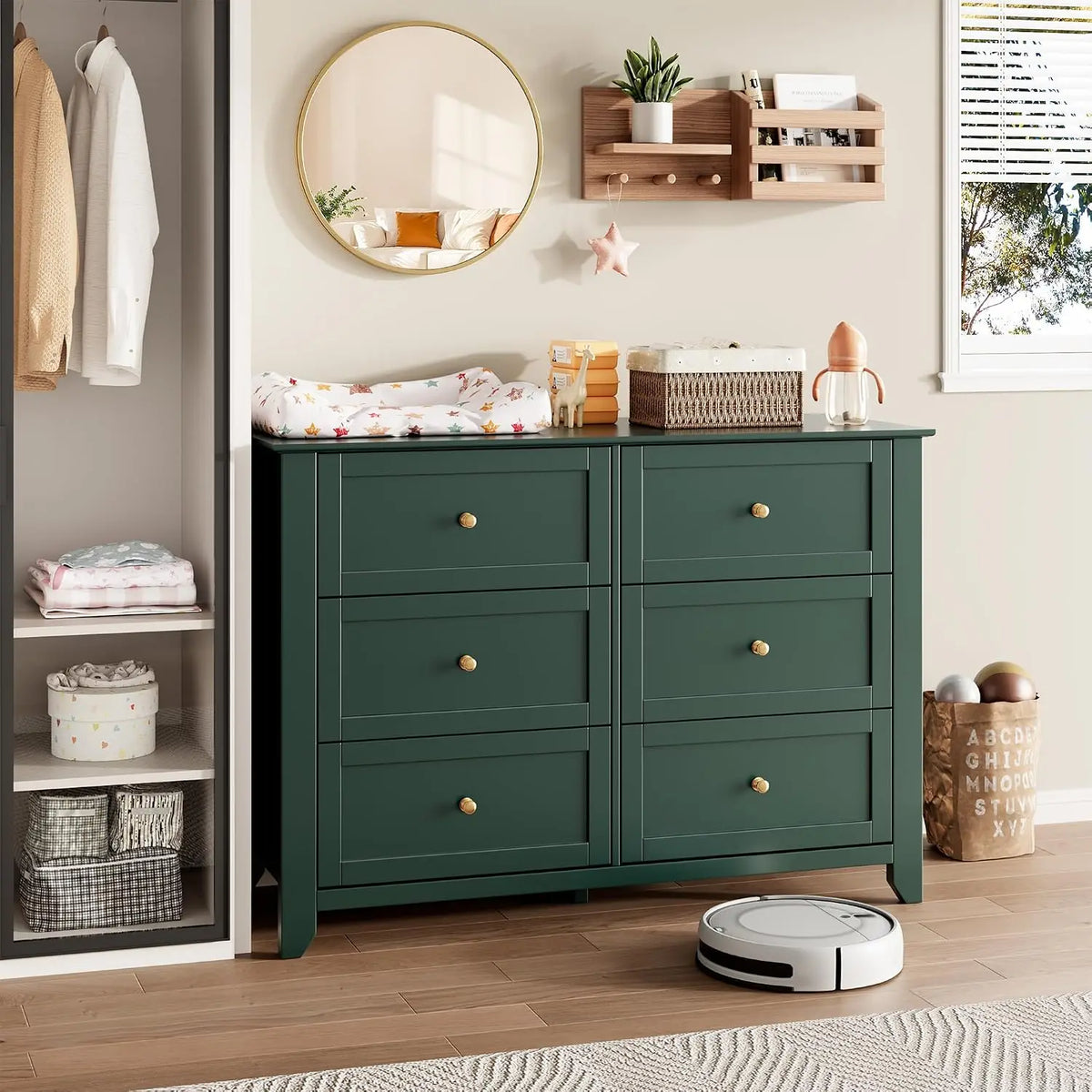 6-Drawer Dresser for Bedroom, 47.2" Wide Modern Large Chest of Drawers with Metal Knobs, Wooden Clothes Storage Organizer for Closet, Nursery, Living Room & Apartment
