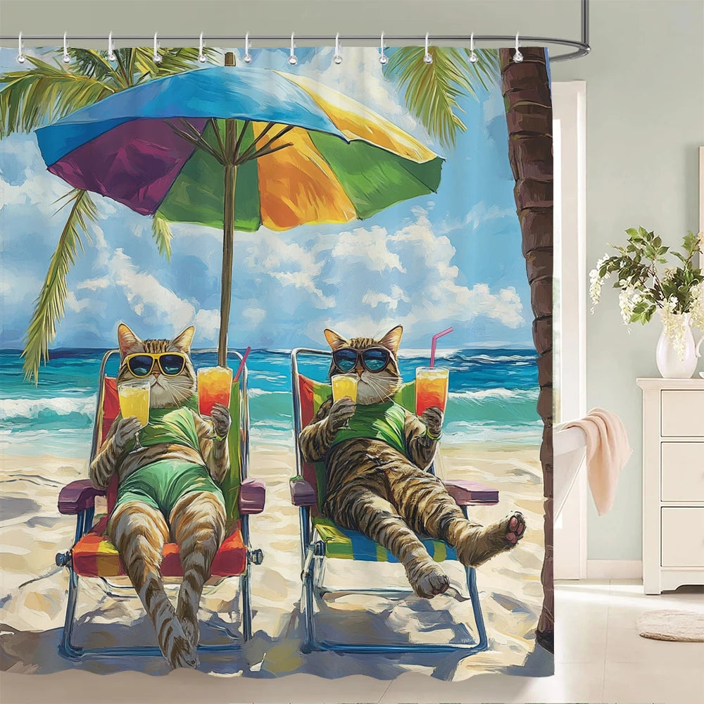 Funny Cat and Dog Shower Curtain Animal Beach Printed Shower Curtain Bathroom Bath Curtain Home Decor Curtain With Hooks