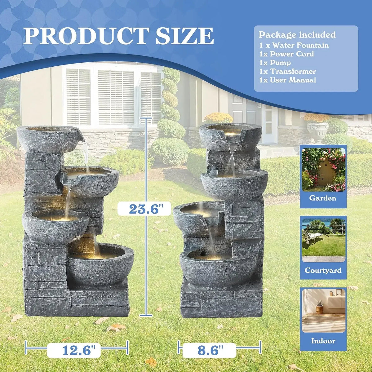 Outdoor Water Fountains, 4-Tier Fountains and Waterfalls with Lights | Indoor/Outdoor Garden Cascading Rock, Floor Standing Wate