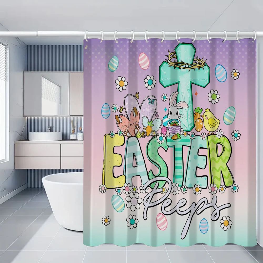 4/1 Easter Bunny shower curtain set, toilet seat decoration, shower curtain with carpet and toilet lid, size 70.8x70.8 in