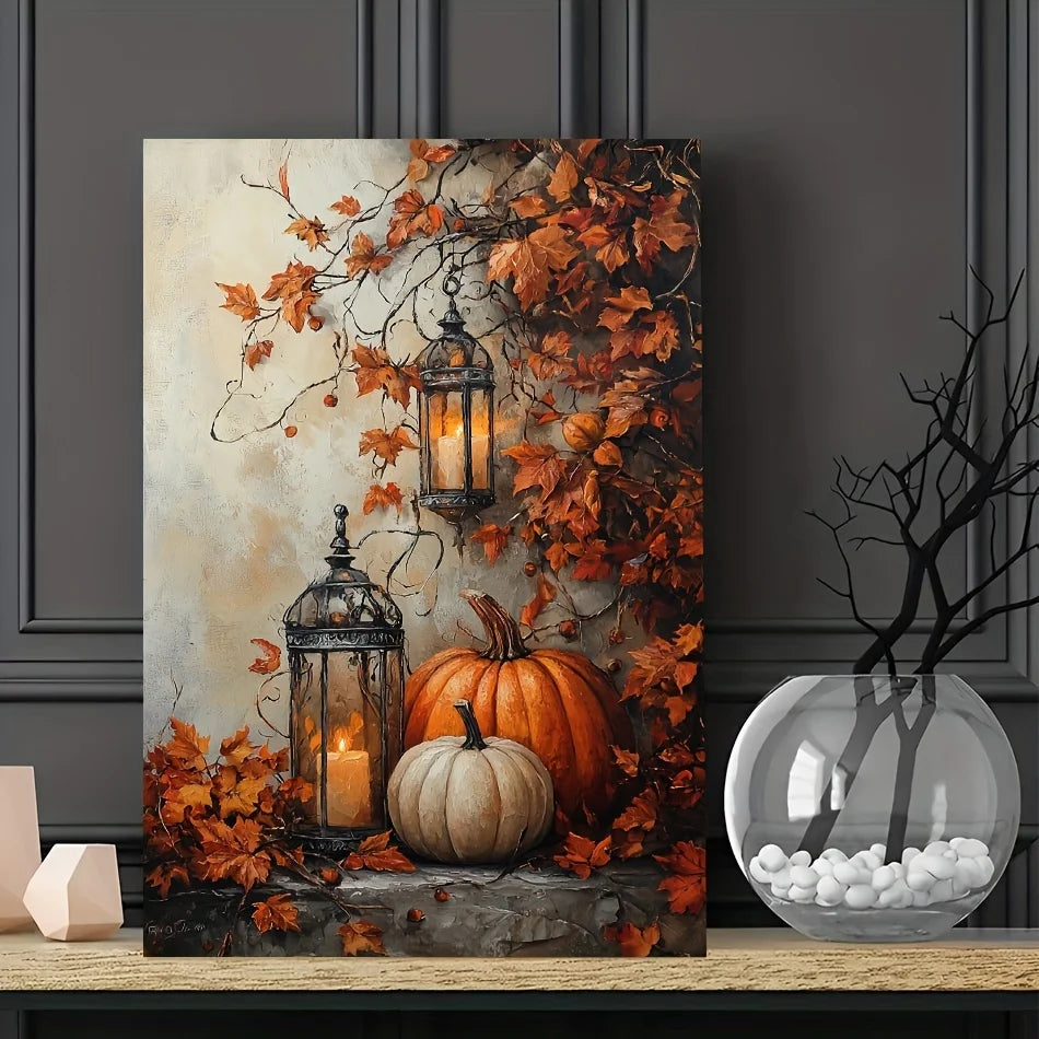 Halloween with Maple Leaves Pumpkin Candlelight Poster Prints Autumn Scenery Canvas Painting Wall Art Picture Holiday Home Decor