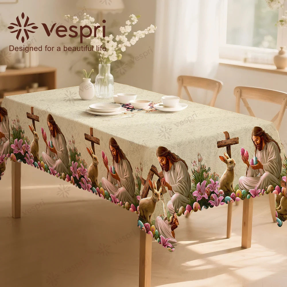 Vespri Easter Tablecloth Decor White Green Flower Rabbit Cross Round Rectangle Oval for Restaurants Parties Festivals