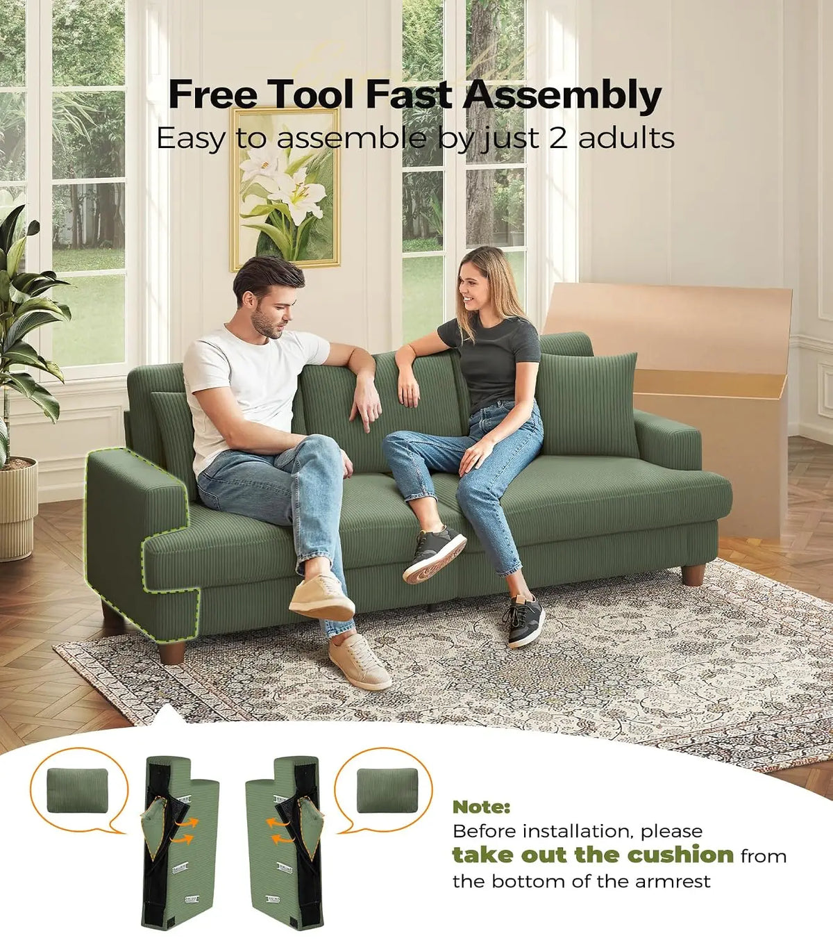 87in Corduroy Couch,  Sofa No Tool Assembly, Comfy Couches for Living Room 21in Deeper Seats, Corduroy Sofas for, Customized