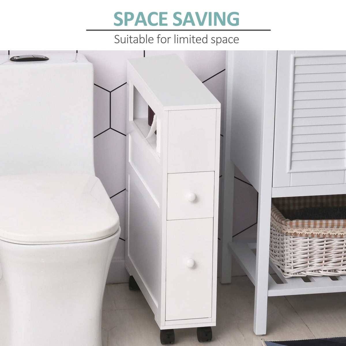 HOMCOM 6.25" x 20.5" x 28.25" Wood Rolling Narrow Bathroom Side Storage Cabinet - White
