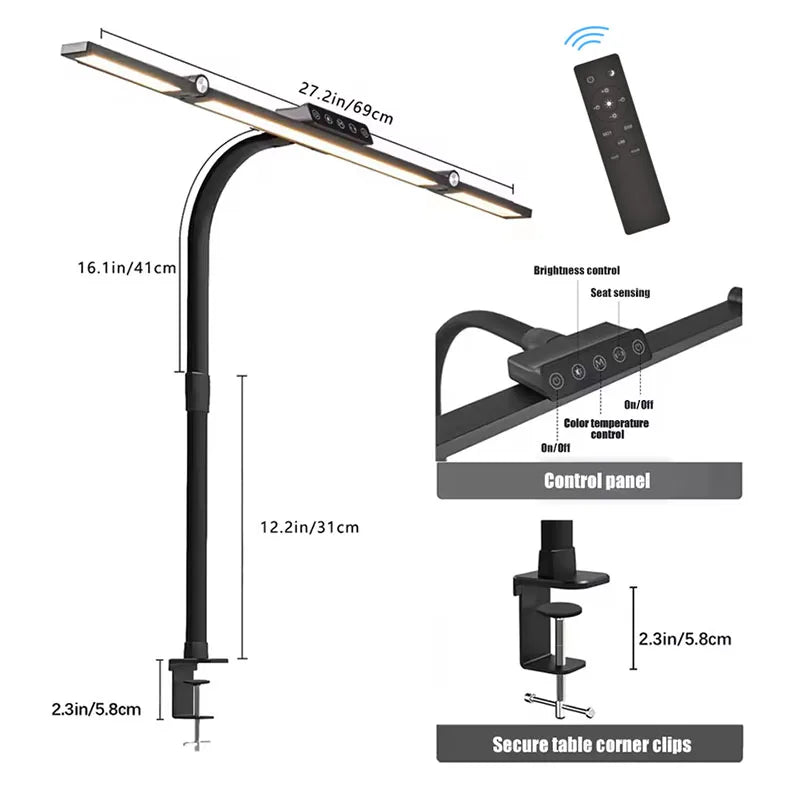 LED Desk Lamp for Home Office Eye-Caring Computer Desk Light with Clamp Gooseneck Rotatable Color Changing Dimmable Table Light
