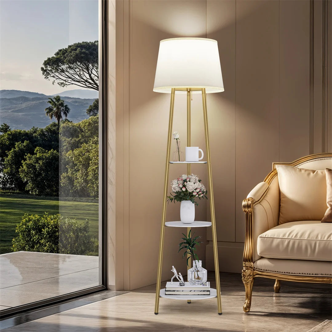 Modern Tripod Floor Lamp with 3 Shelves Adjustable Dimmable LED Corner Standing Lamp for Living Room Bedroom Storage