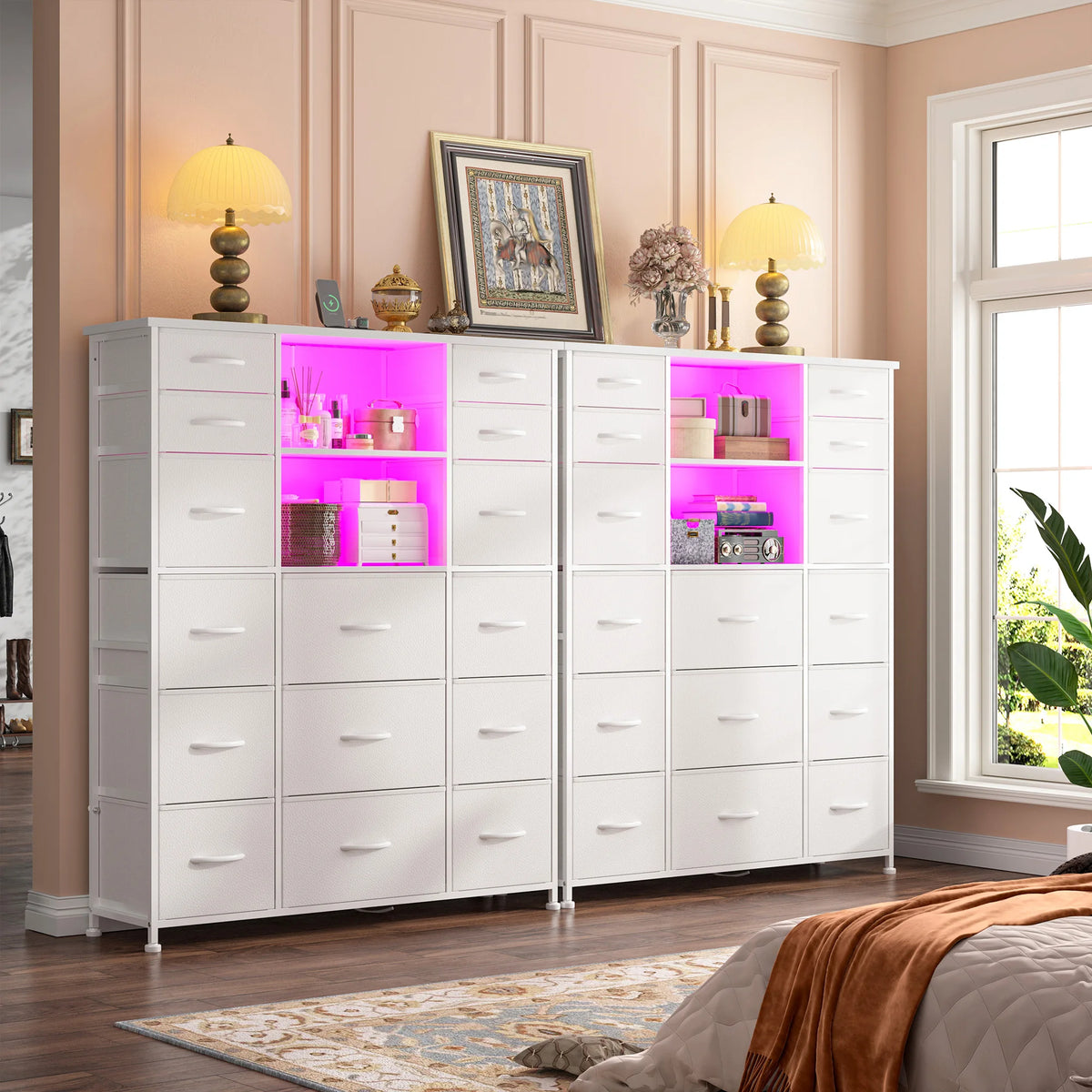EnHomee 51" Tall Storage Organizer – 15 Fabric Drawers, Charging Station & LED, Hutch & Wood Top – Versatile Dresser for Bedroom, Living Room, or Multi-Room