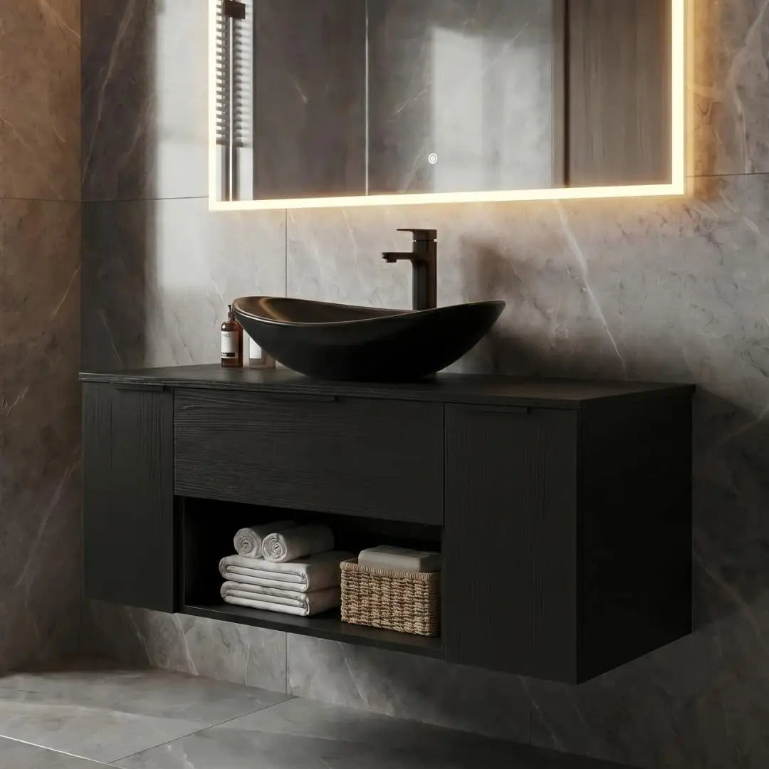 36'' Floating Bathroom Vanity with Sink, Wall Mounted Vanity, Black | Floating Bathroom Cabinets, Black handle, 1 Door
