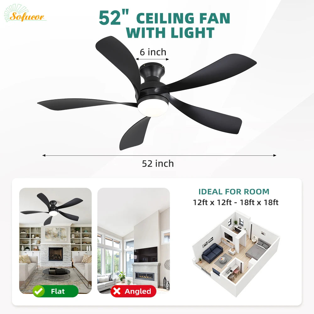 Sofucor 52-Inch 5 Blade modern designer Ceiling Fan light 6-Speed High Wind Speed With Remote Control for rooms