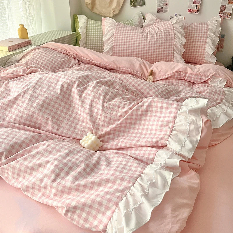 3 Piece Sheet Set Pink Plaid Duvet Cover Set, Comfortable Bedding Set Bedspread for All Season