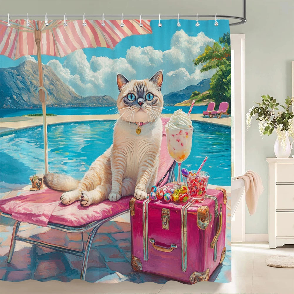 Funny Cat and Dog Shower Curtain Animal Beach Printed Shower Curtain Bathroom Bath Curtain Home Decor Curtain With Hooks