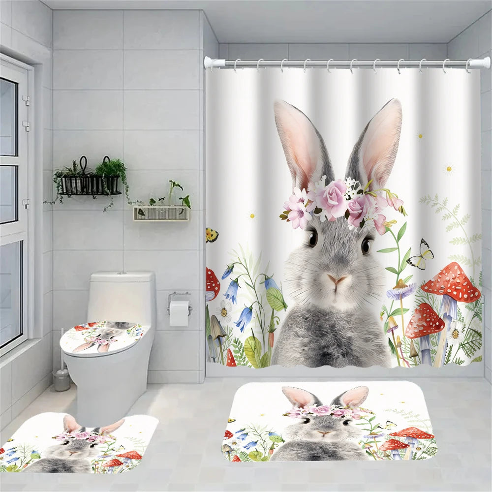 4/1 Easter Bunny shower curtain set, toilet seat decoration, shower curtain with carpet and toilet lid, size 70.8x70.8 in