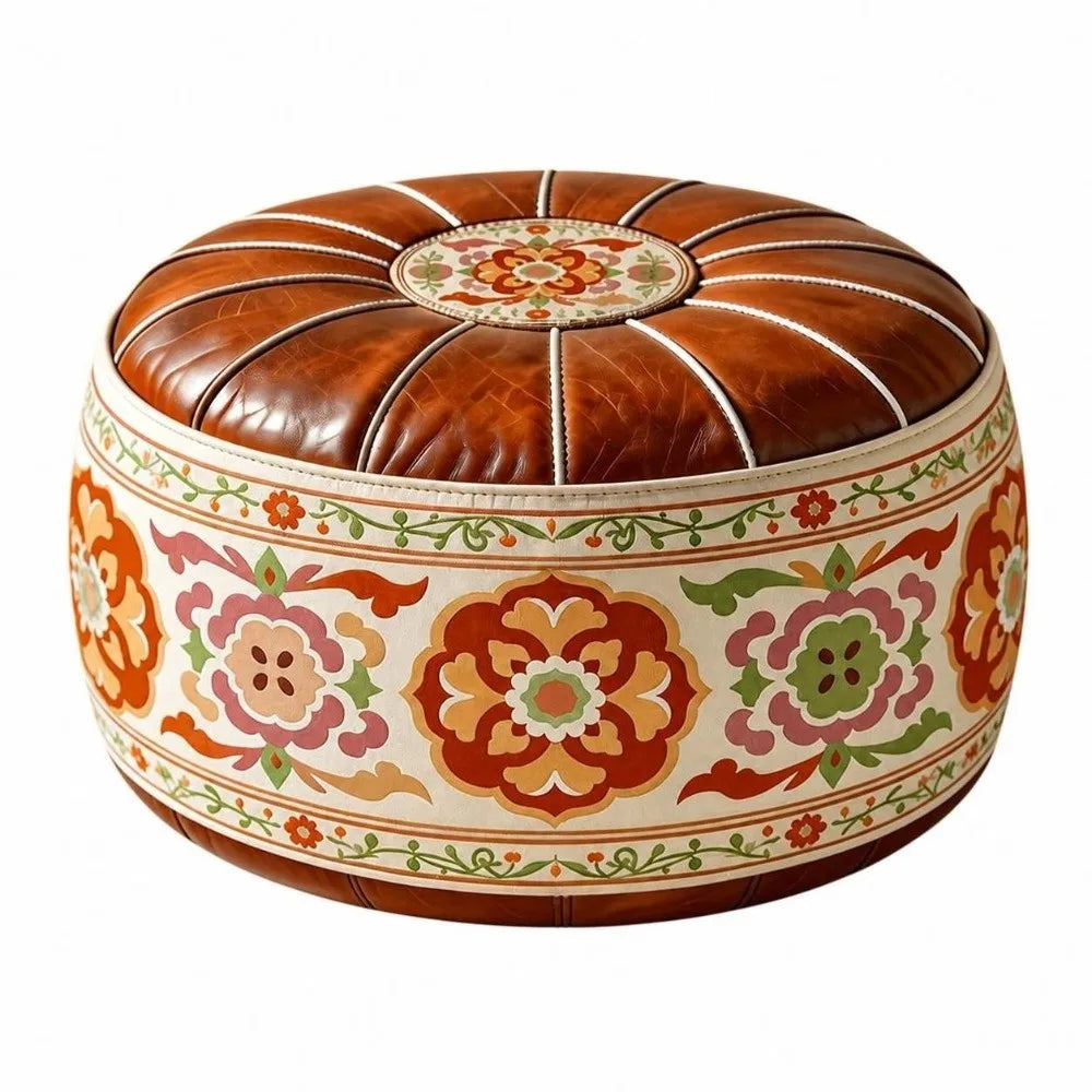 New PU Leather Fillable Ottoman Pouf Embroidered Pattern Moroccan Style Storage Ottoman Round Shape Floor Seat Cushion Home Use