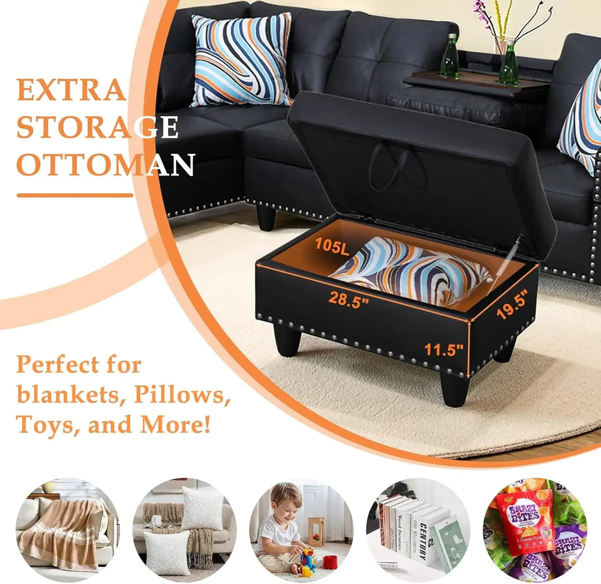 Modern L Shaped Faux Leather Sectional Sofa Set With Chaise Ottoman Cup Holder And Pillows Black