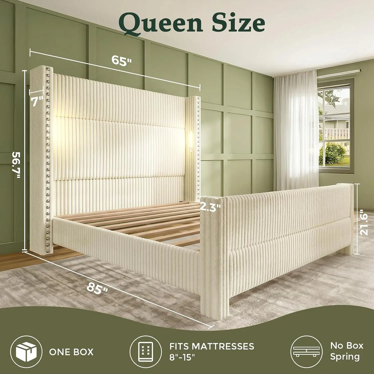 Queen Bed Frame with 56.7" Tall Wingback Headboard & Reading Lights, Cream | Corduroy Upholstered Platform Bed and, Customized